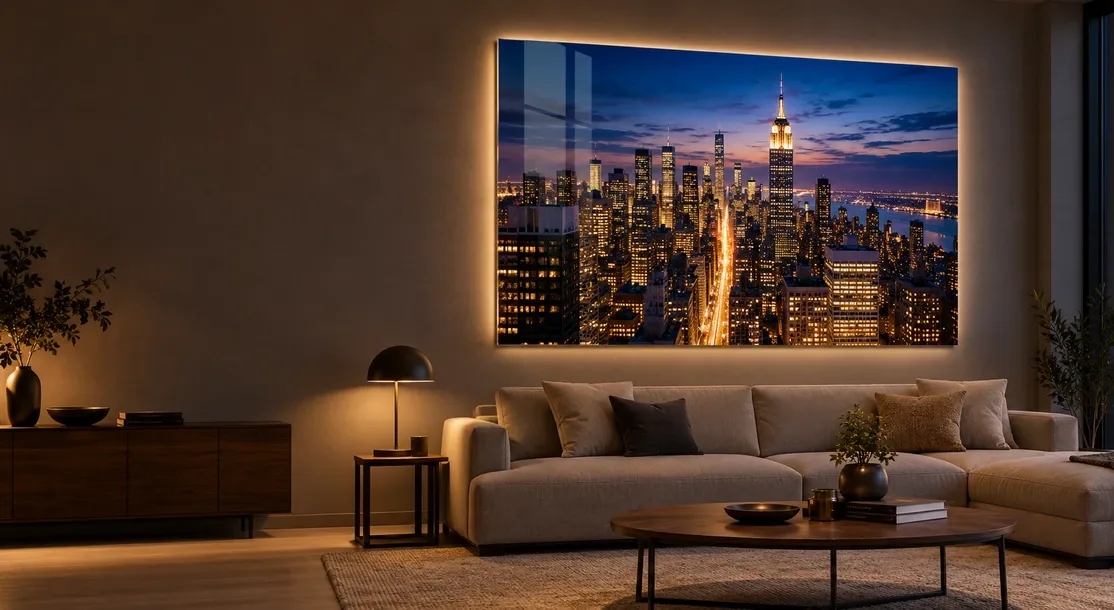 Beleuchtetes Acrylglasfoto mit nächtlicher Skyline in einem modernen Wohnraum